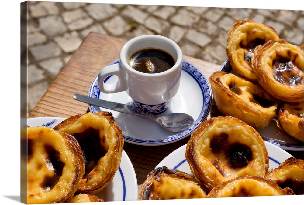 Portugal, Lisbon, Belem, Pasteis de Nata, custard tarts on a coffee table, bica coffee
