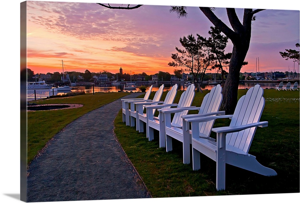 Rhode Island, Newport, Adirondack chairs at Newport Harbor Light