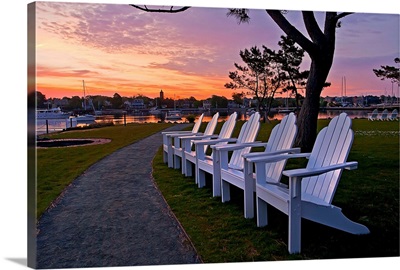 Rhode Island, Newport, Adirondack chairs at Newport Harbor Light