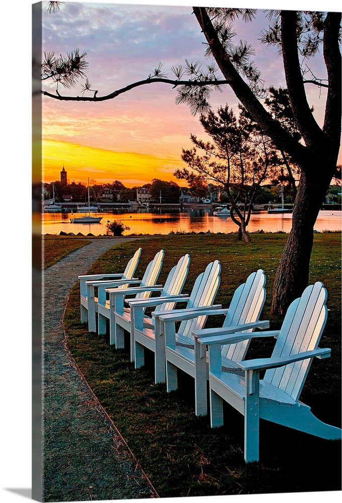 Rhode Island, Newport, Adirondack chairs at Newport Harbor Light