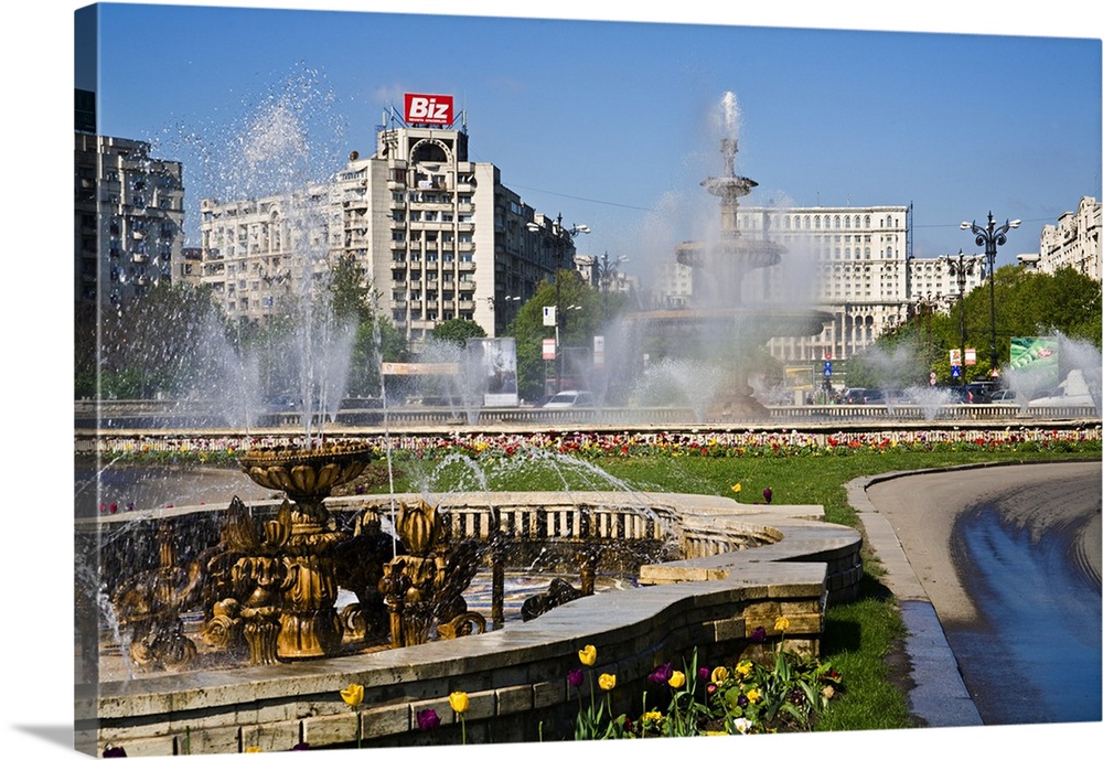 Romania, Bucharest, Fountains in Bulevardul Unirii and House of Parliament