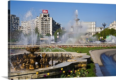Romania, Bucharest, Fountains in Bulevardul Unirii and House of Parliament