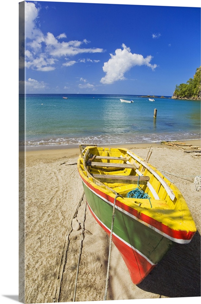 Saint Lucia, Caribbean, Anse la Raye seafront, Fishing boat on the beach