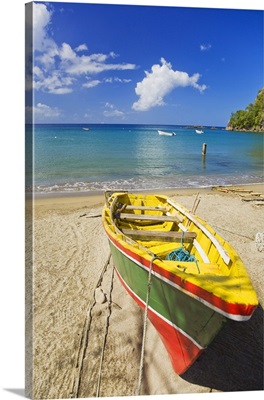 Saint Lucia, Caribbean, Anse la Raye seafront, Fishing boat on the beach