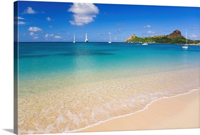 Saint Lucia, Gros Islet, Rodney Bay, Reduit Beach with Pigeon Island in background