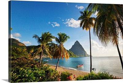 Saint Lucia, Soufriere, Boat by the shore, late afternoon