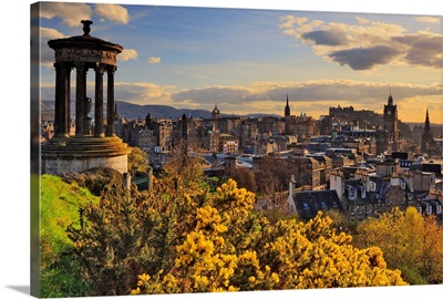 Scotland, Edinburgh, Calton Hill, Dugald Stewart Monument and the city in the background