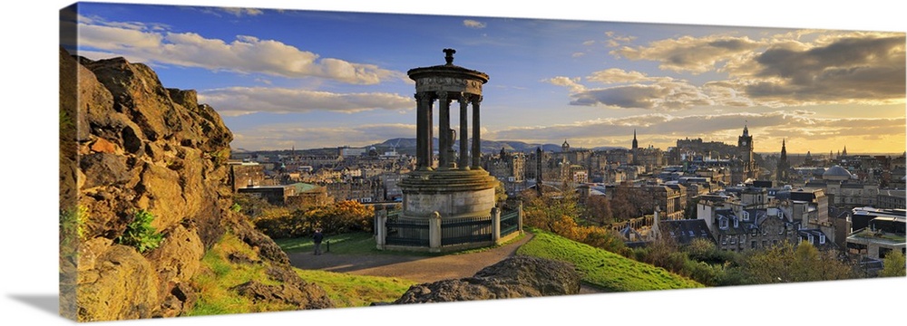 UK, Scotland, Great Britain, Edinburgh, Calton Hill, Dugald Stewart Monument and the city in the background.