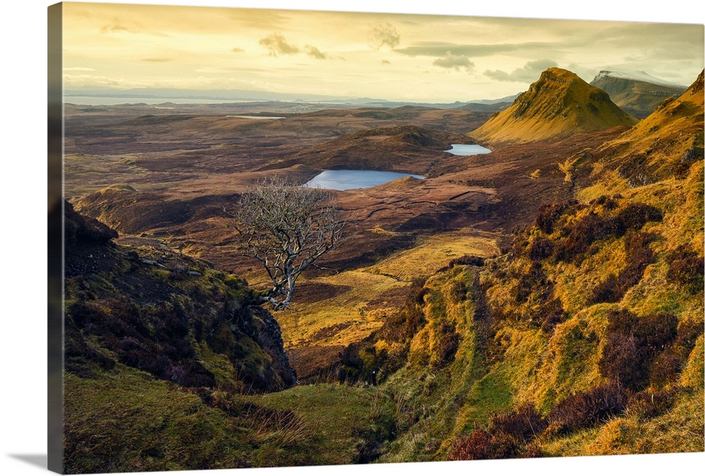 UK, Scotland, Inner Hebrides, Great Britain, Highlands, Isle of Skye, East Coast of Skye at sunrise from the Quiraing on t...