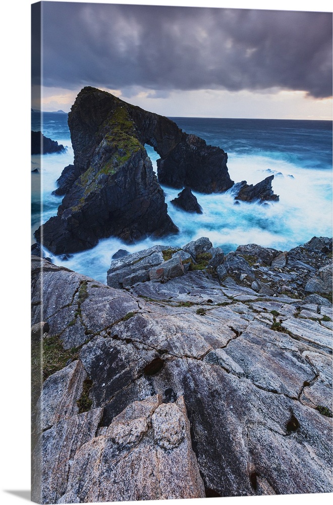 United Kingdom, Scotland, Outer Hebrides, Lewis and Harris, Great Britain, British Isles, sea stack arch on an overcast ev...