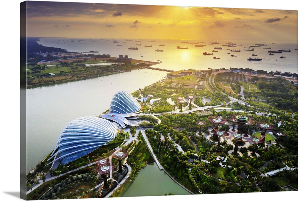 Singapore, Singapore City, Futuristic conservatory complex at sunrise, Gardens by the Bay.