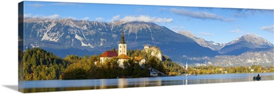 Slovenia, Bled Island with the Church of the Assumption and Julian Alps