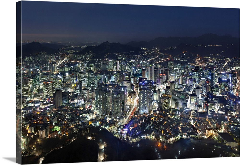Korea, South Korea, Seoul, Namsan Park, Northern view from N Seoul Tower, Myeong-dong District in the foreground and old S...