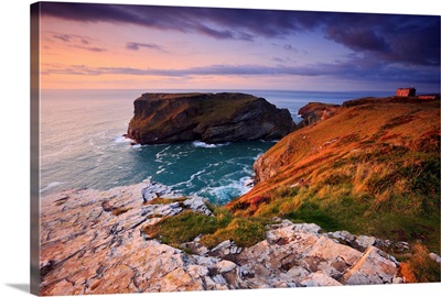 South West Coast Path, Cornwall, Coastal landscape looks toward Tintagel Island & Castle