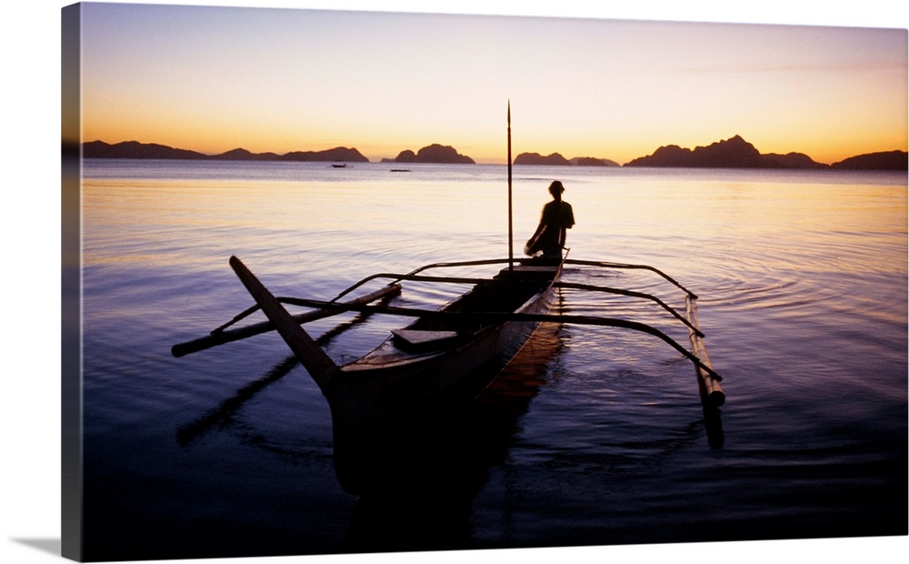 Southeast Asia, Philippines, Palawan, El Nido, outrigger boat (sampang) at sunset