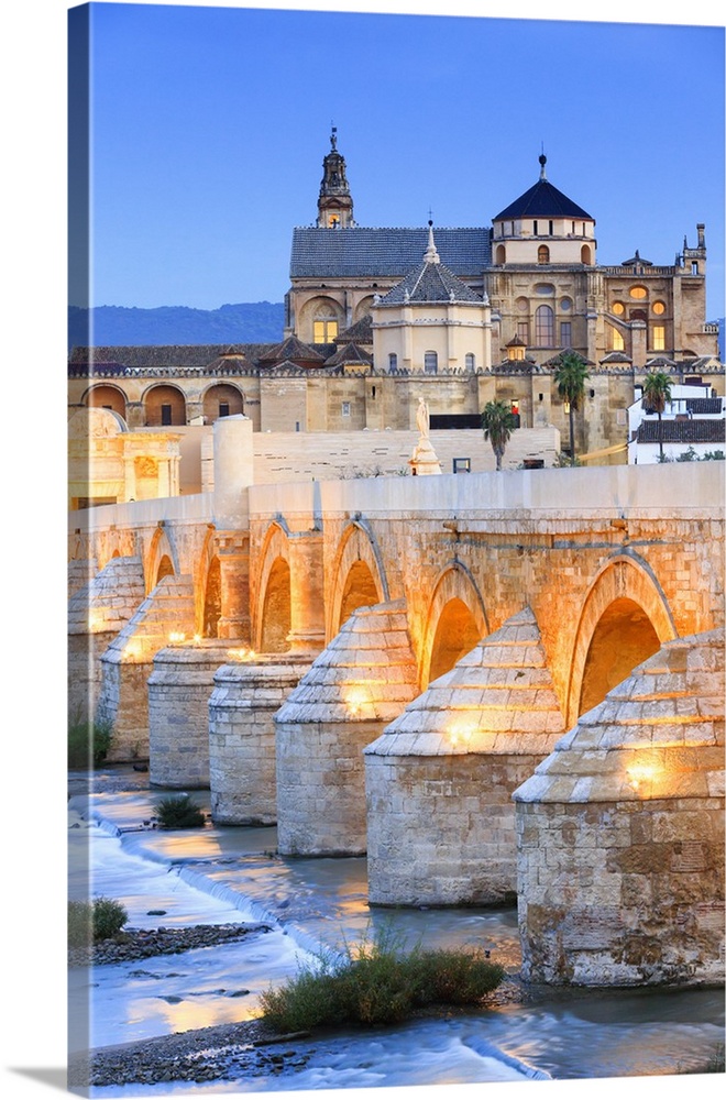 Spain, Andalusia, Cordoba district, Cordoba, La Mezquita Cathedral with the Roman bridge and Guadalquivir River at dusk