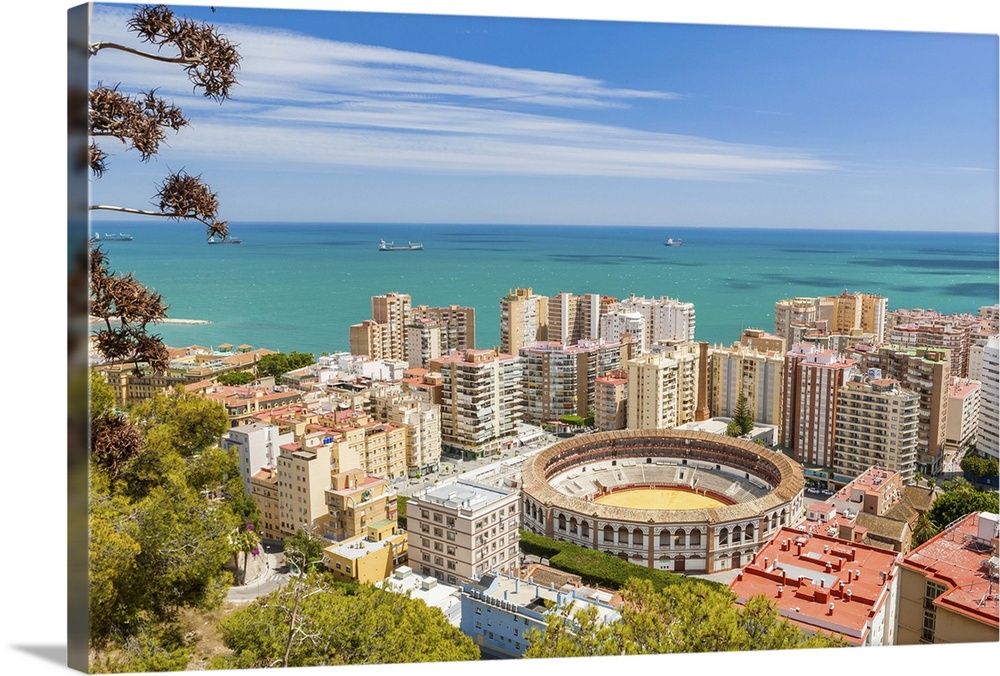 Spain, Andalusia, Malaga, Malaga district, Costa del Sol, Bullring surrounded by skyscrapers, view from Monte de Gibralfaro.