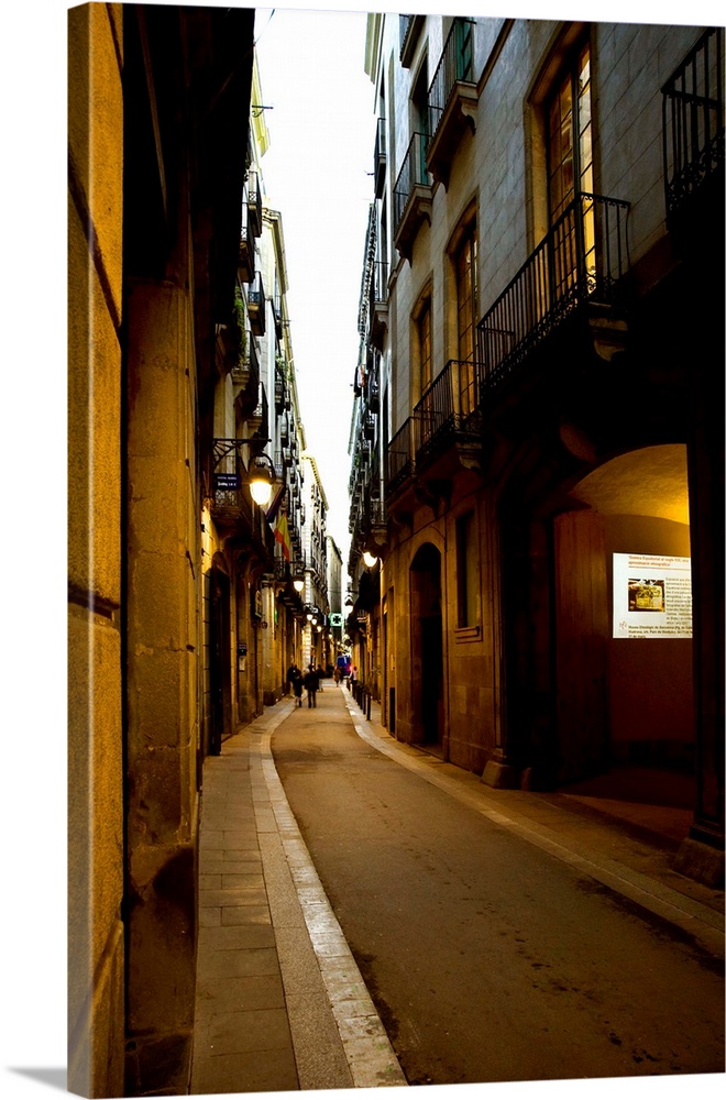 Spain, Barcelona, Gothic Quarter off La Rambla, Narrow Pedestrian Street.
