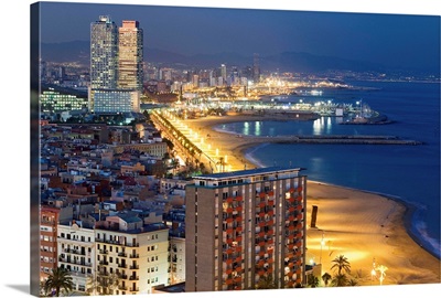 Spain, Catalonia, Barcelona, Barceloneta Beach and the Two Towers