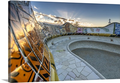 Spain, Catalonia, Barcelona, Parc Guell, Tiled Serpentine Bench By Antoni Gaudi