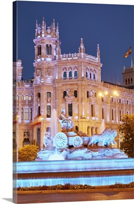 Spain, Madrid, The Cibeles Fountain And The Palacio De Correos Illuminated At Night