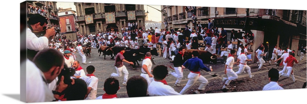 Spain, Pamplona, El Encierro, bull run during San Firmin celebrations in Pamplona