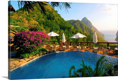 St. Lucia, Ladera Resort, Poolside lounge area, Gros Piton in the background