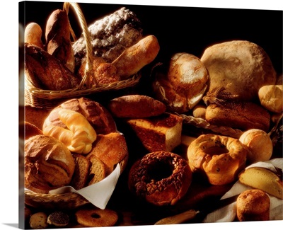 Still life of breads in basket and table