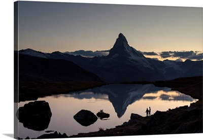 SUI, Valais, Zermatt, Hikers Looking At The Matterhorn Last Light Of Sunset