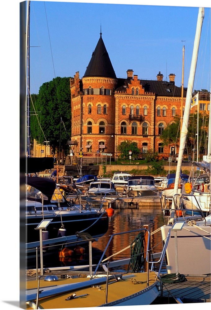 Sweden, Varmdolandet, The harbour and historical buildings in the background