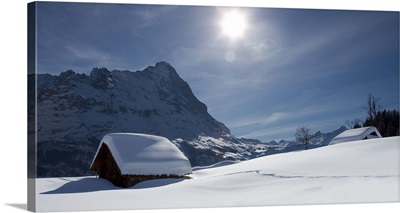 Switzerland, Bern, Alps, Berner Oberland, Grindelwald, Alpine huts and Mount Eiger