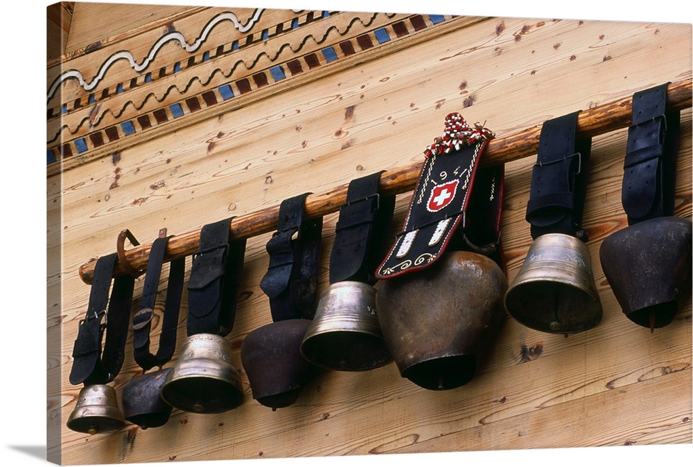 Switzerland, Bern, Gstaad, cow-bells used as decoration of a wood house  Wall Art, Canvas Prints, Framed Prints, Wall Peels