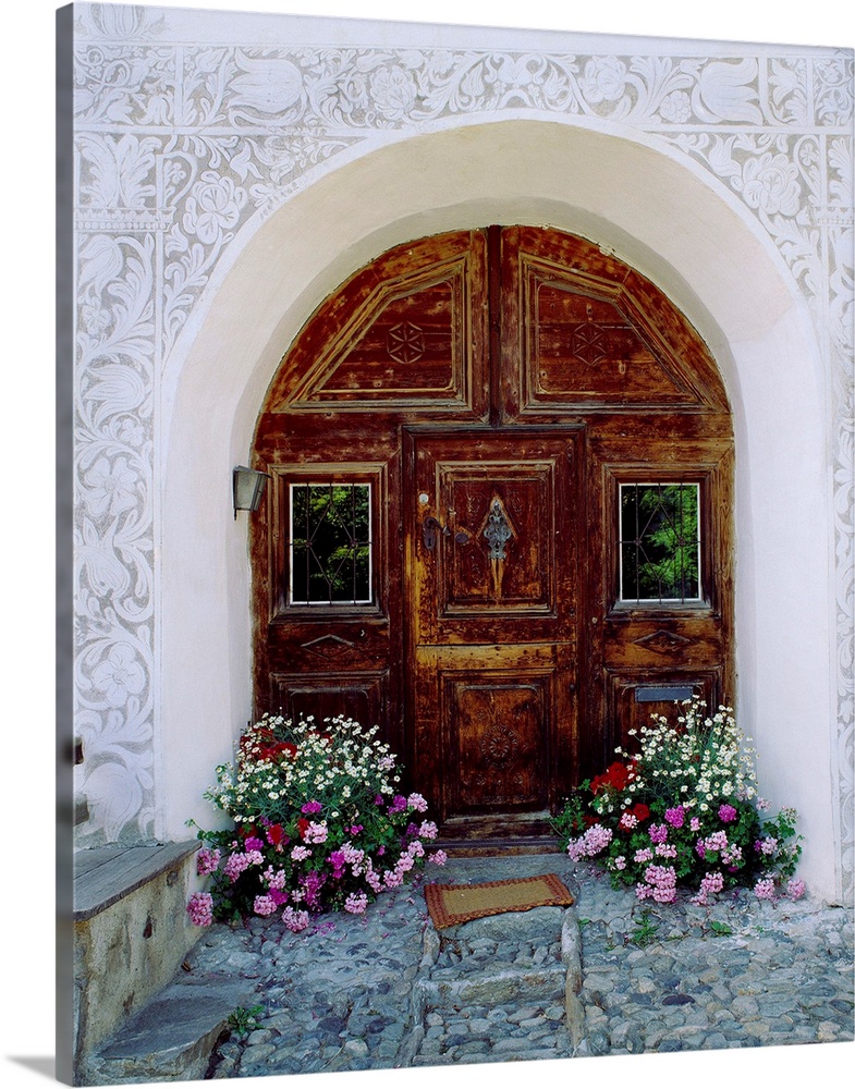 Switzerland, Engadin, Guarda village, typical door