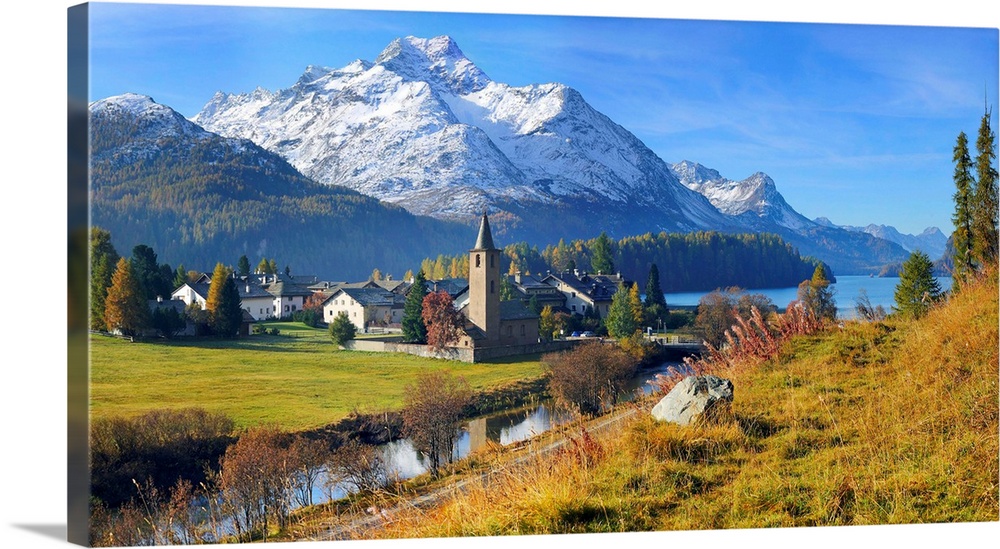 Switzerland, Graubunden, Piz la Margna and Sils village by Inn river