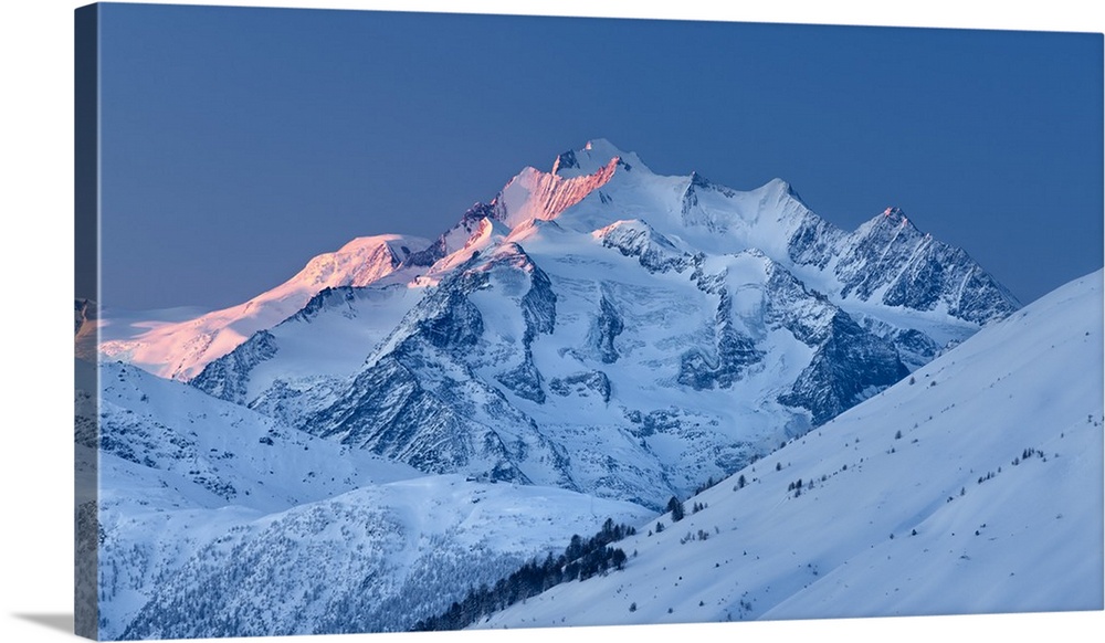 Switzerland, Valais, Alps, Blatten, Mischabel Group with the Dom Mountain (4545 m) at sunrise.