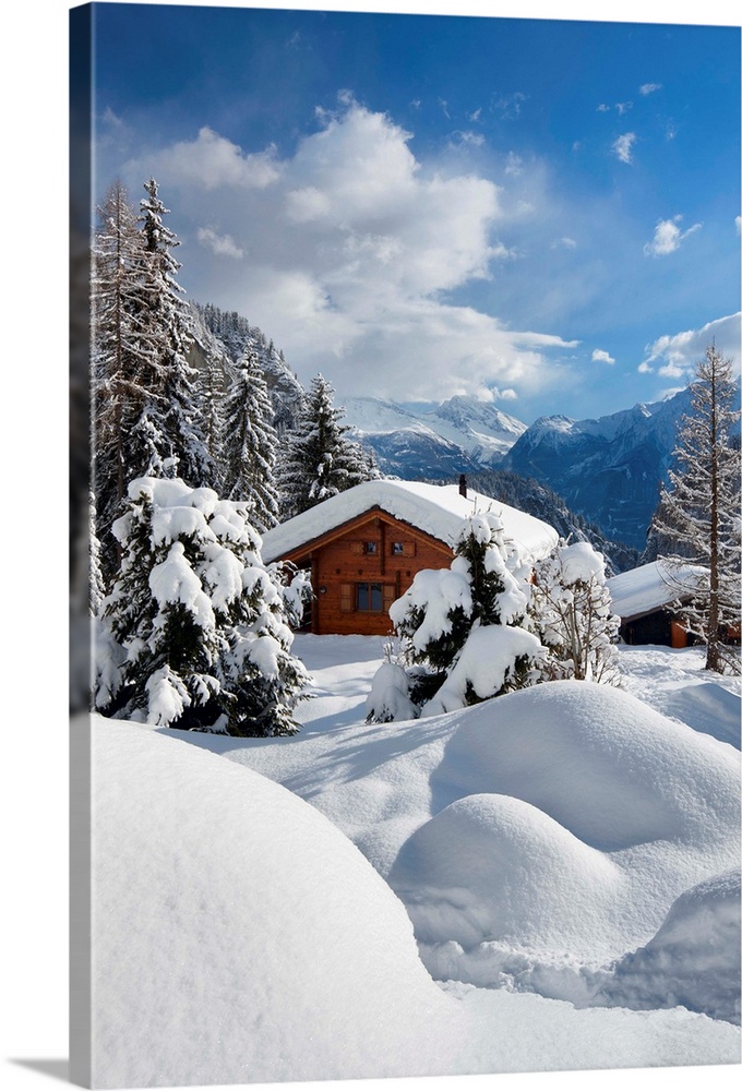 Switzerland, Valais, Alps, Blatten, Snow covered chalet.