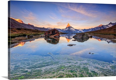 Switzerland, Valais, Zermatt, Alps, The Matterhorn Reflected In Lake Stellisee At Dawn