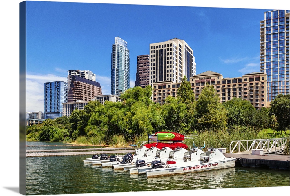 Texas, Austin downtown skyline from Colorado River  and Austin Rowing dock, The Austonian, W Hotel and The Ashton.