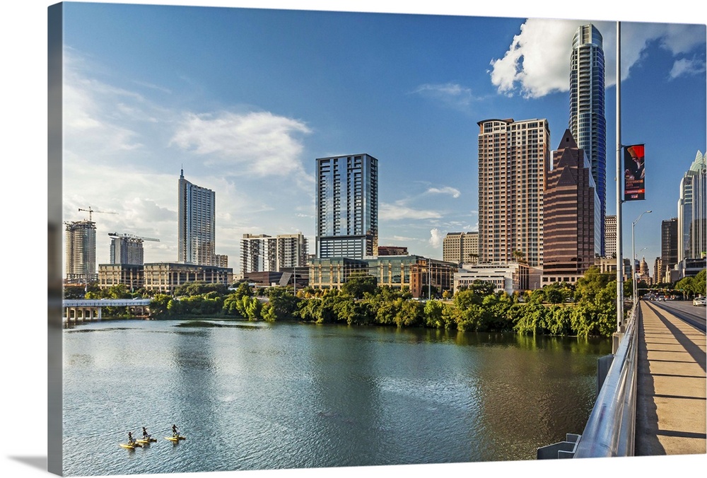 Texas, Austin downtown skyline from Congress Ave. Bridge and Colorado River 360 Condominiums, The Austonian, W Hotel and T...