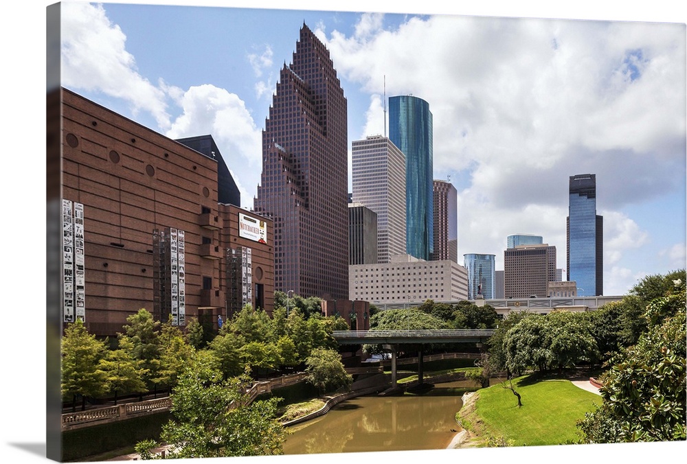 Texas, Houston Theater District seen from Buffalo Bayou bridge and Sabine-to-Bagby Promenade