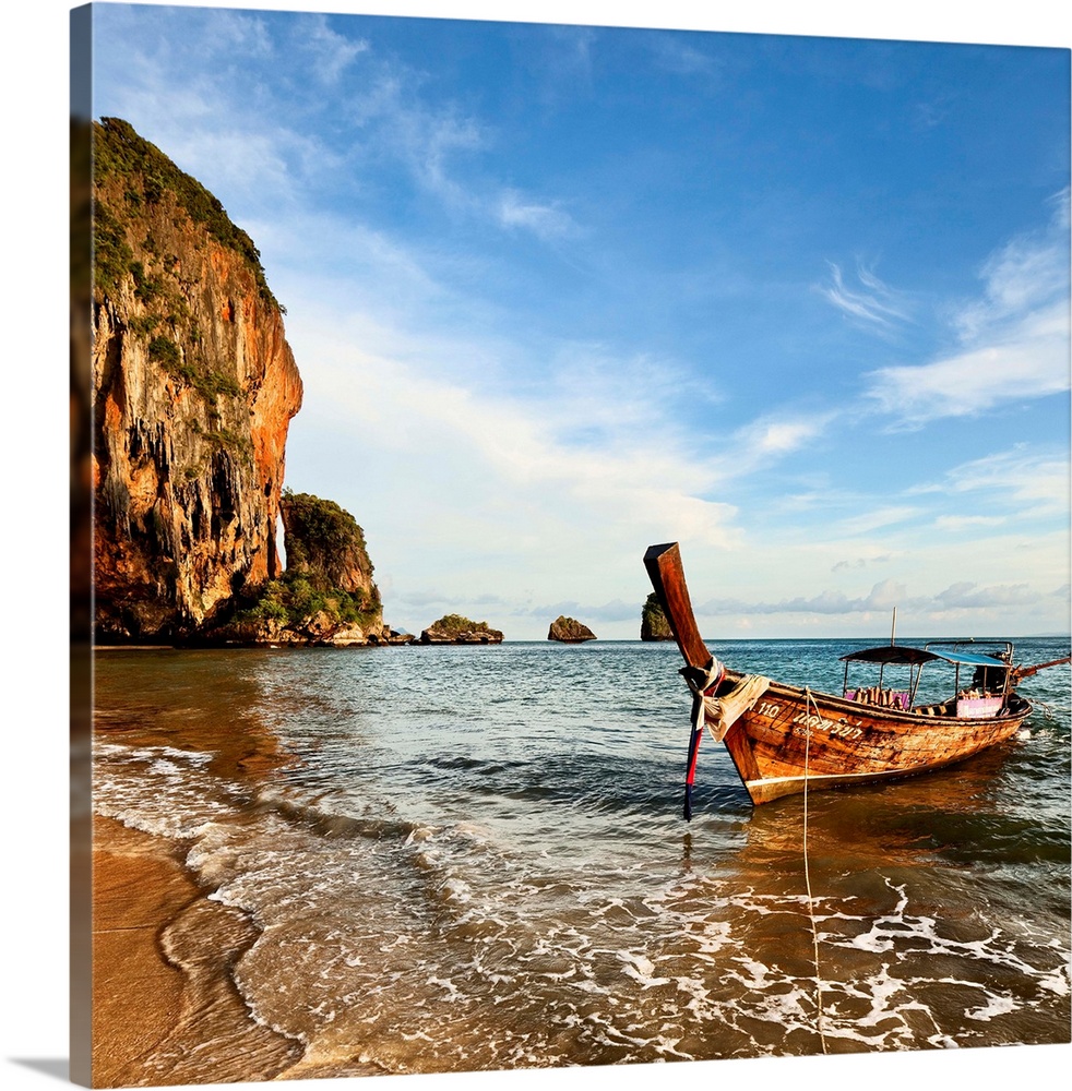 Thailand, Andaman sea, Krabi, Hat Phra Nang Beach, long-tail boat on the shore