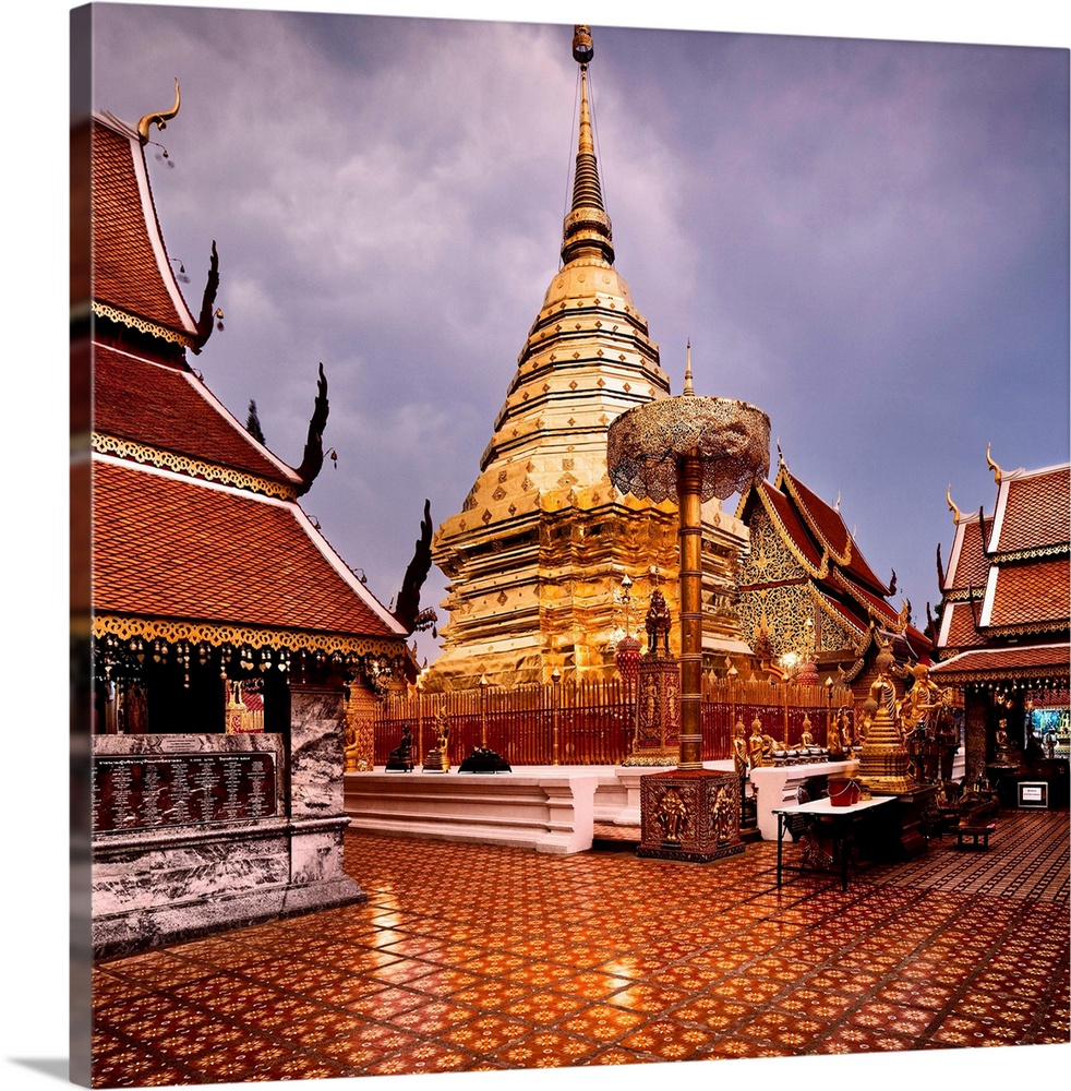 Thailand, Southeast Asia, Chiang Mai, Wat Doi Suthep, Central Chedi & Gold Umbrellas