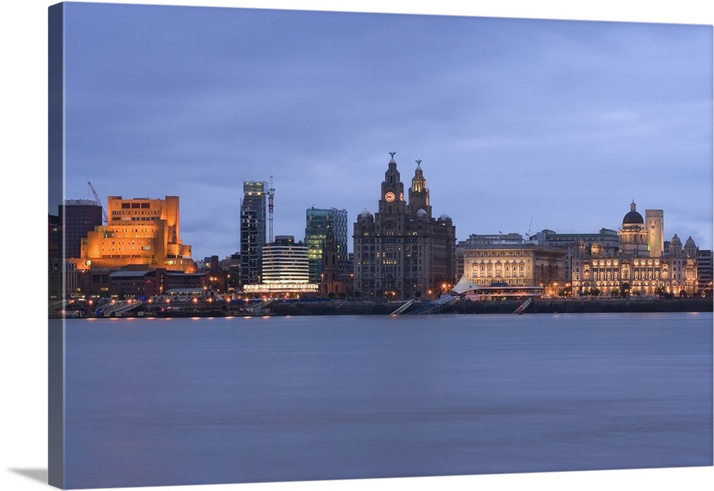 United Kingdom, UK, England, Liverpool, Pier Head, skyline with Three Graces in background