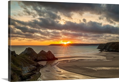 UK, Wales, Gower Peninsula, Great Britain, Three Cliffs Bay At Sunset