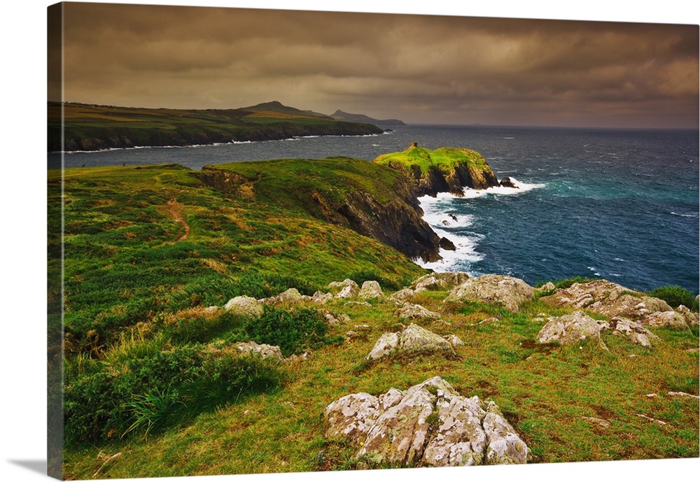 Coastal landscape at Ynis Barri (Barri Island), between Porthgain and Abereiddy, looking towards St. David's Head, with th...