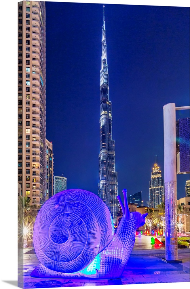United Arab Emirates, Dubai, Burj Plaza with Burj Khalifa, Tower, and Snail sculpture..