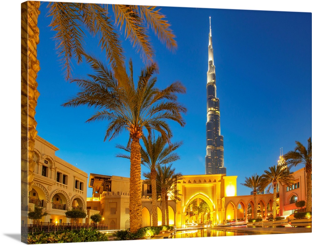 United Arab Emirates, Dubai, Entrance gate and Burj Khalifa, Tower..