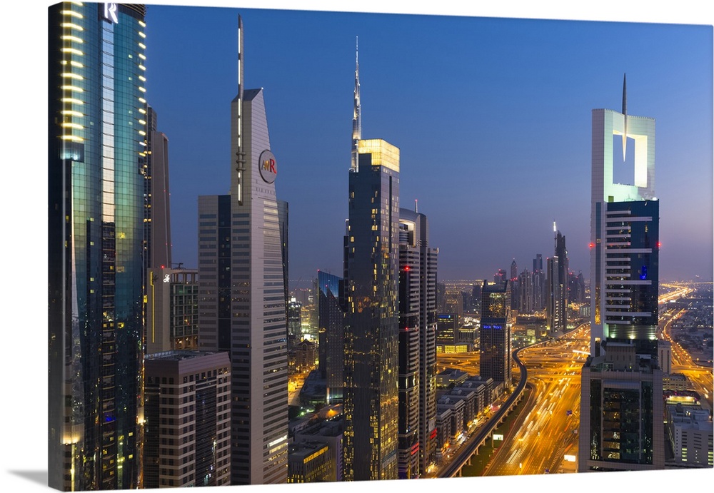 United Arab Emirates, Dubai, Arab states of the Persian Gulf, Arabian peninsula, Futuristic buildings on Sheikh Zayed Road.