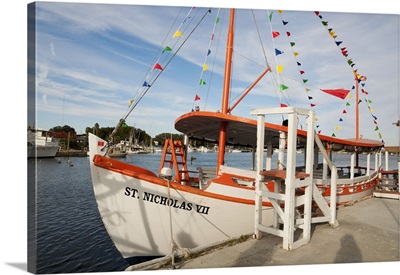 United States, Florida, Pinellas, Colorful boat in Tarpon Springs