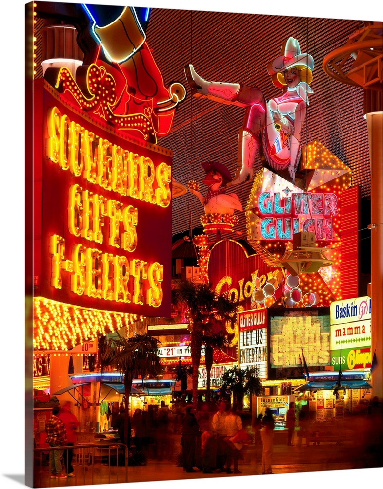 View of Neon Signs on Las Vegas Street | Large Solid-Faced Canvas Wall Art Print | Great Big Canvas